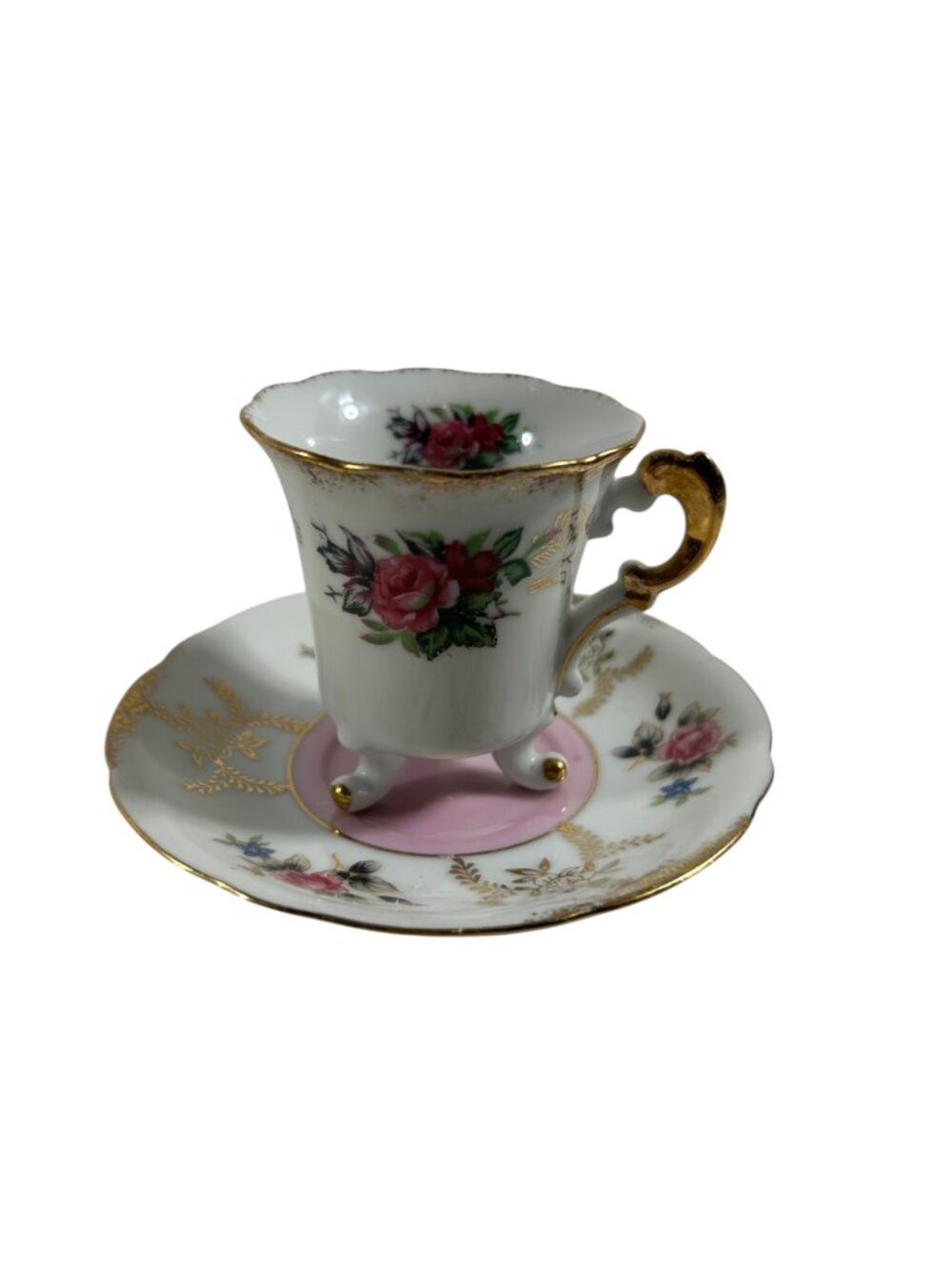 Vintage Lefton China Hand Painted Teacup Saucer Pink Roses Japan Demitasse